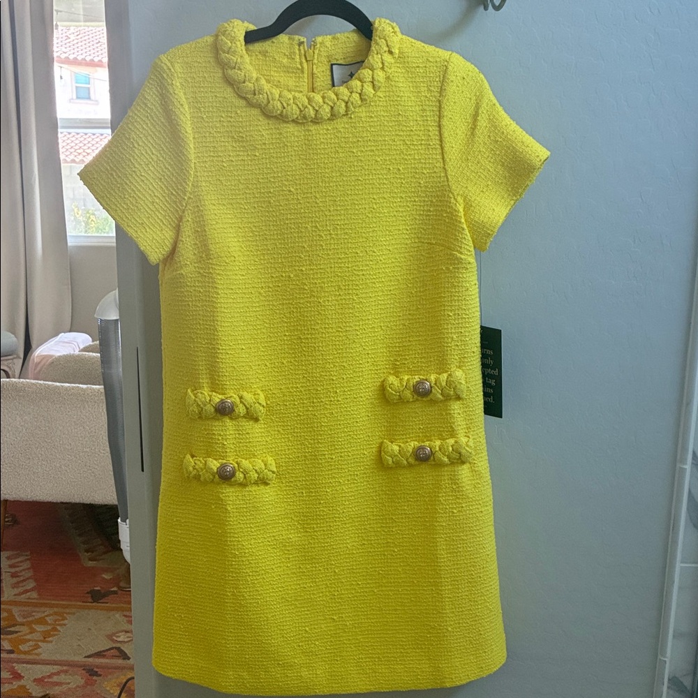Tuckernuck Bright Yellow Bouclé Short-Sleeve Dress with Braided Trim